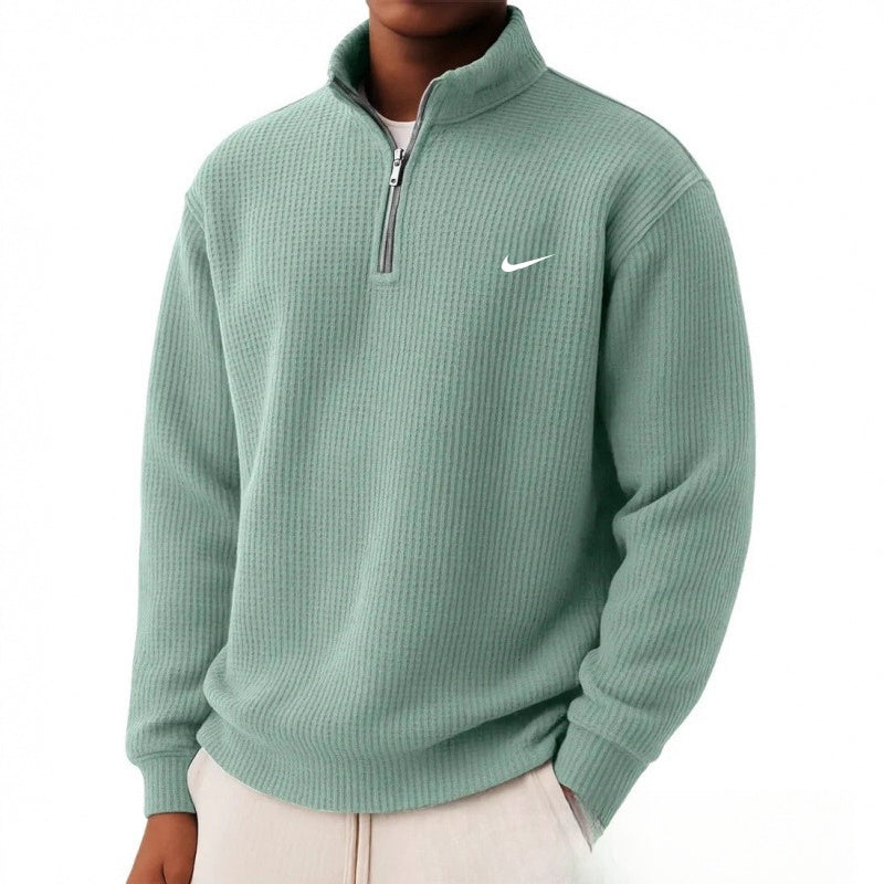 New zip-up loose-fitting casual waffle knit long-sleeved polo shirt