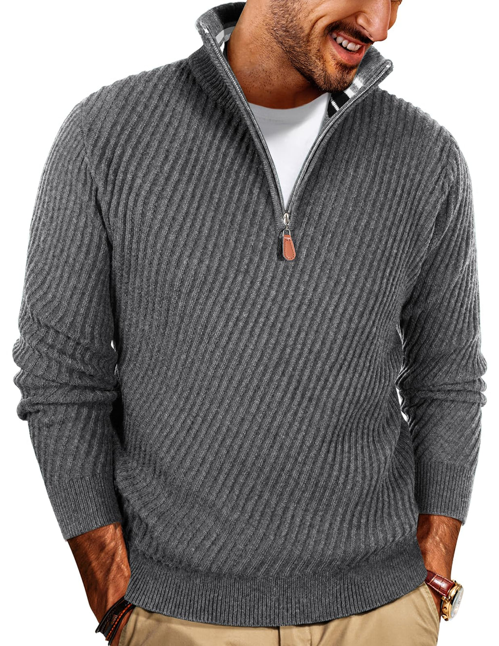 NEW🔥 Men's Zipper Pullover Sweater Casual Knit Sweater with Twill Texture
